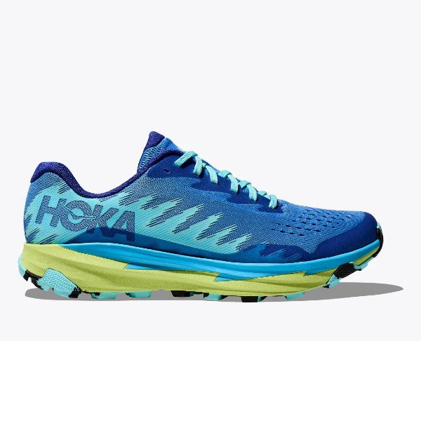 Side view of men's Hoka Torrent 3 trail running shoe in virtual blue/lettuce colour