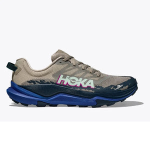 Side view of men's Hoka Torrent 4 running shoe in 'Farro/Ultramarine' colour