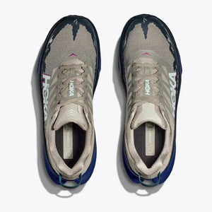 Top view of men's Hoka Torrent 4 running shoes in 'Farro/Ultramarine' colour