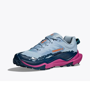 Inner side view of women's Hoka Torrent 4 running shoe in 'Drizzle/Fuchsia' colour