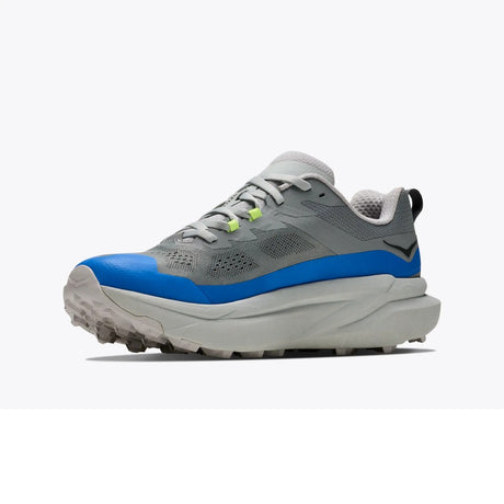 Inner side view of men's grey/blue Hoka Torrent 5 running shoe