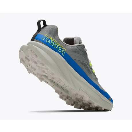 Sole view of men's grey/blue Hoka Torrent 5 running shoe