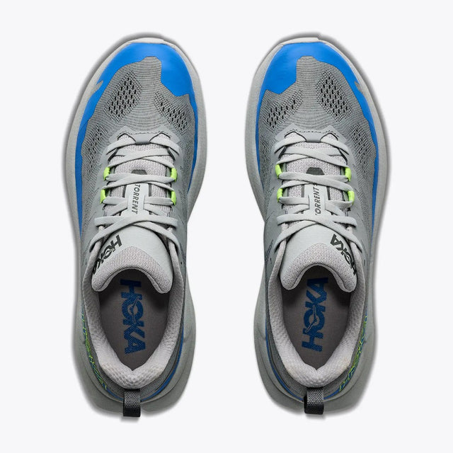 Top view of men's grey/blue Hoka Torrent 5 running shoes