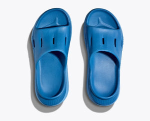 Top view of hoka u ora recovery slide sandals in blue