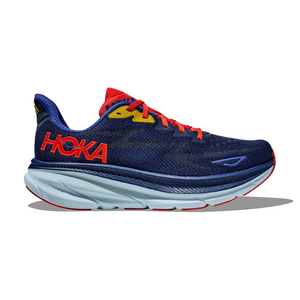 Side view of men's Hoka Clifton 9 running shoe in bellwhether/dazzling blue