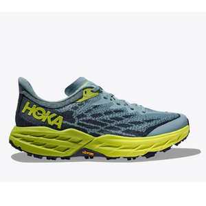 Side view of men's Hoka Speedgoat 5 trail running shoe in stone blue/dark citron colour