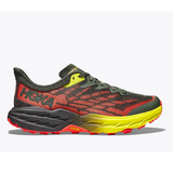 Side view of men's hoka speedgoat 5 trail running shoe in thyme/fiesta