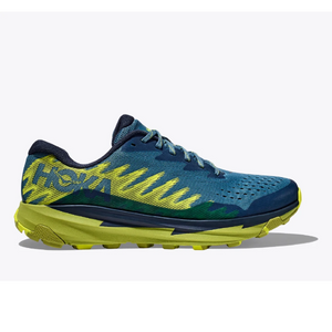 Side view of men's Hoka Torrent 3 trail running shoe in bluesteel/dark citron colour