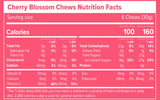 Nutrition facts label for Cherry Blossom Chews on a pink background