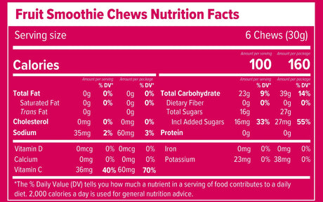 Nutrition facts label for Fruit Smoothie Chews on a pink background
