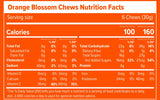 Nutrition facts label for Orange Blossom Chews with an orange background