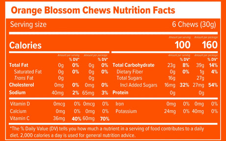 Nutrition facts label for Orange Blossom Chews with an orange background