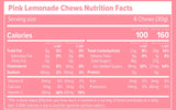 Nutrition facts label for Pink Lemonade Chews on a pink background