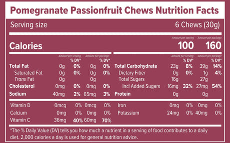 Nutrition facts label for Pomegranate Passionfruit Chews on a mauve background