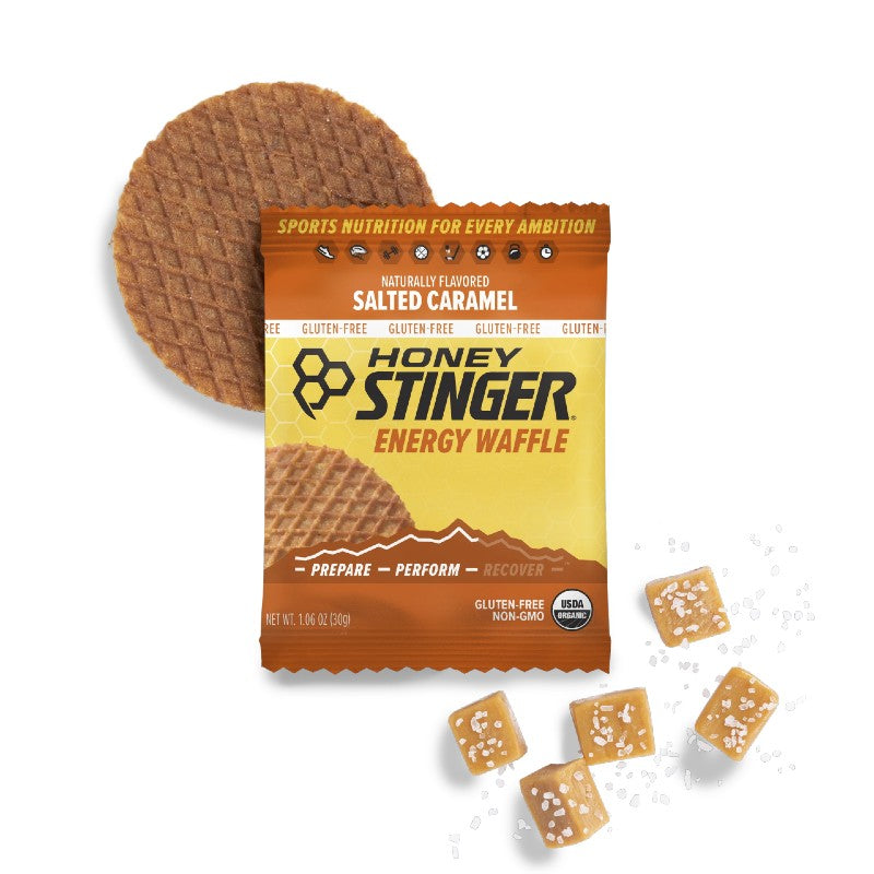 Salted caramel flavoured Honey Stinger energy waffle package