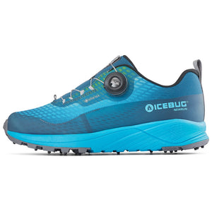 Side view of women's Icebug NewRun BUGrip Gore-Tex running shoe in Mist Blue/Aqua colour