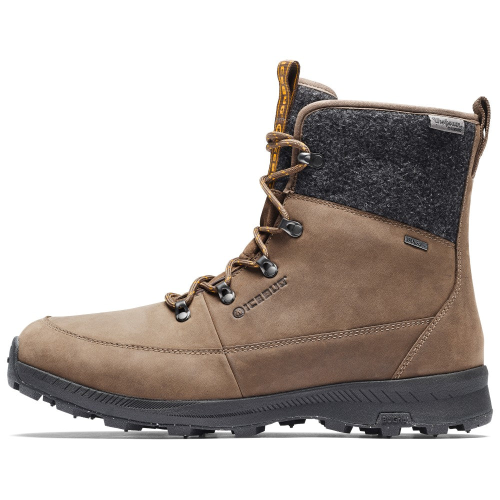 Side view of men's Icebug Adak BUGrip studded boot in Coffee/Grey colour