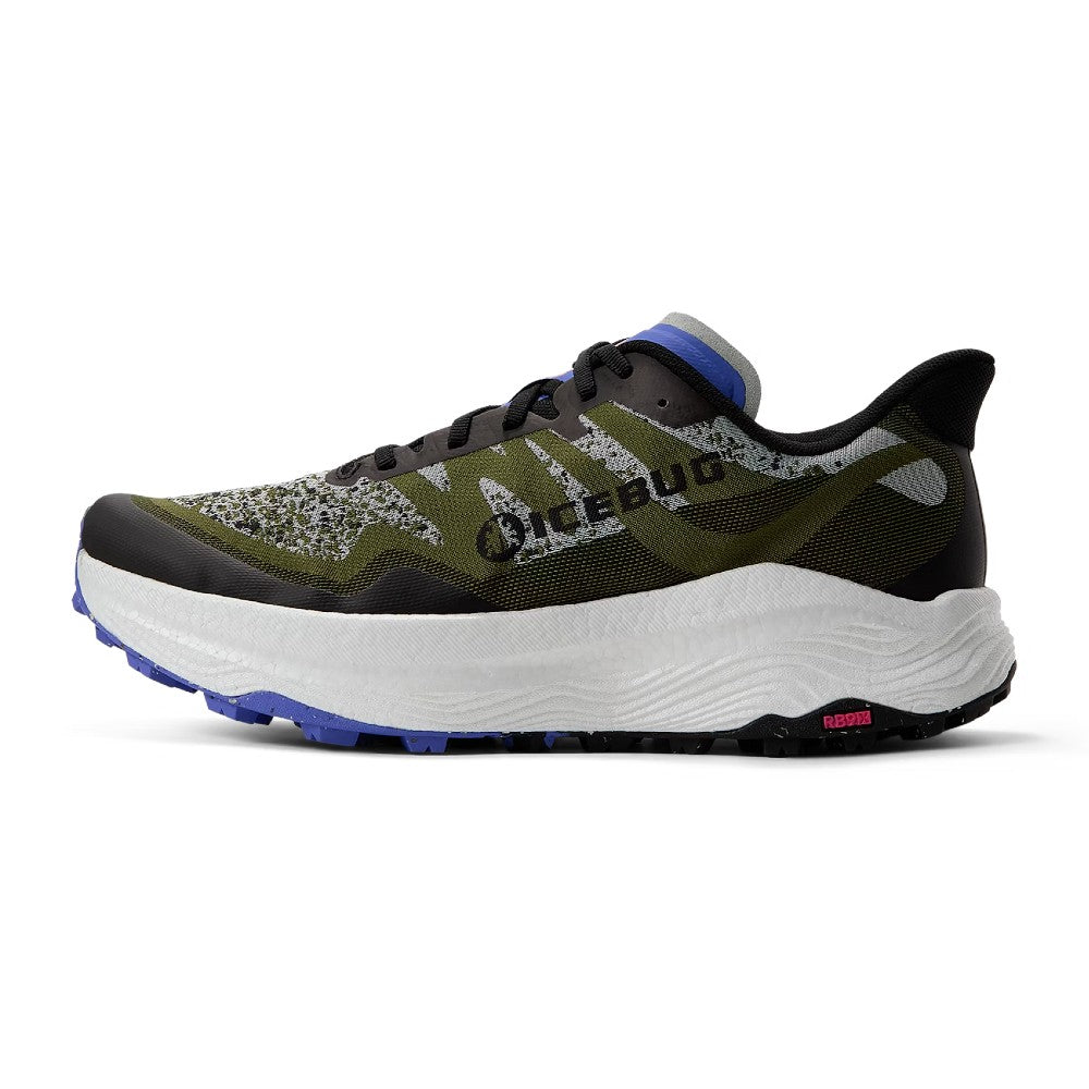 Side view of icebug Jarv trail running shoe in pesto/lavender colour