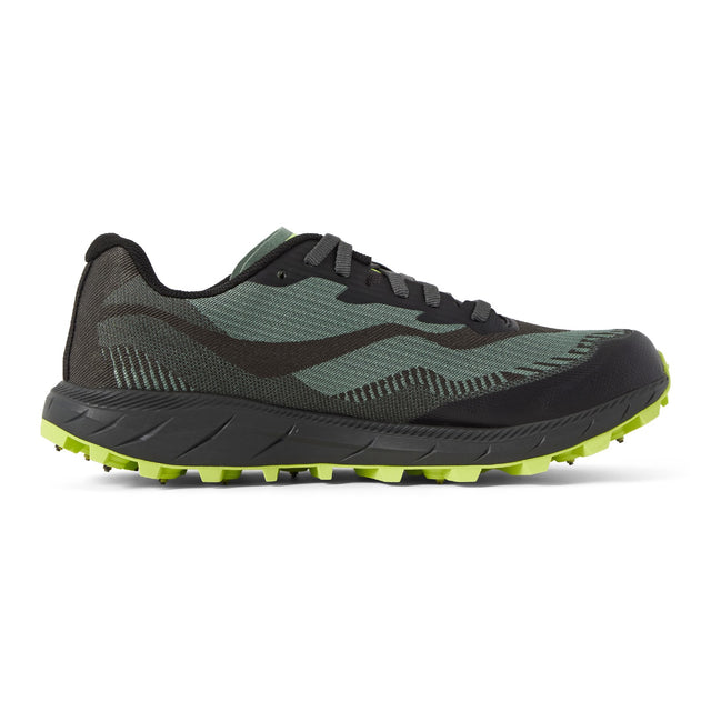 Inner side view of women's black/green Icebug Pytho 7 studded running shoe