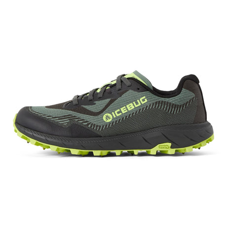 Side view of women's black/green Icebug Pytho 7 studded running shoe