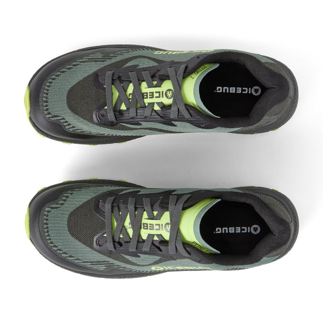 Top view of women's black/green Icebug Pytho 7 studded running shoes
