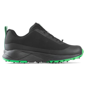 Inner side view of men's Icebug NewRun BUGrip Gore-Tex studded running shoe in black/grass colour