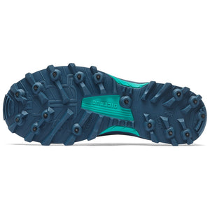 Sole of men's Icebug Pytho6 BUGrip studded running shoe in dark blue/mint colour