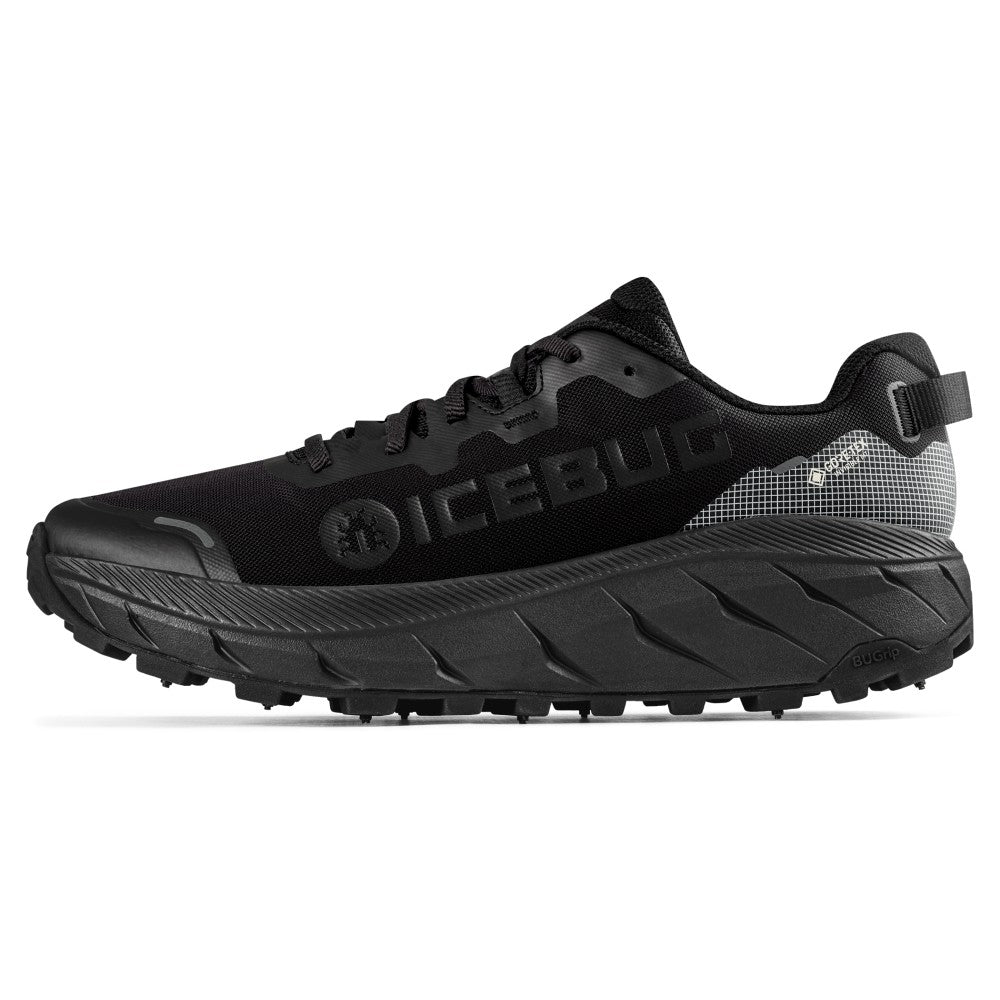 Side view of men's Icebug Arcus 2 studded running shoe in true black colour