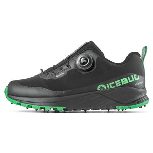 Side view of men's Icebug NewRun BUGrip Gore-Tex studded running shoe in black/grass colour