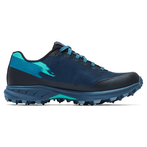 Inner side view of men's Icebug Pytho6 BUGrip studded running shoe in dark blue/mint colour