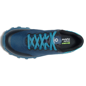 Top view of women's Icebug Pytho6 BUGrip studded running shoe in dark blue/mint colour