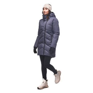 Side on-model view of women's blue/grey Indyeva Ayaba III winter jacket