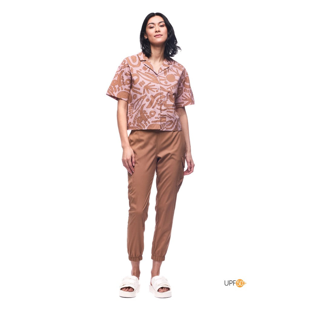 Front on-model view of Indyeva Estirada Cargo Pant in tamarind colour