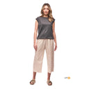 Front on-model view of Indyeva Goma Sleeveless Top in Thyme colour