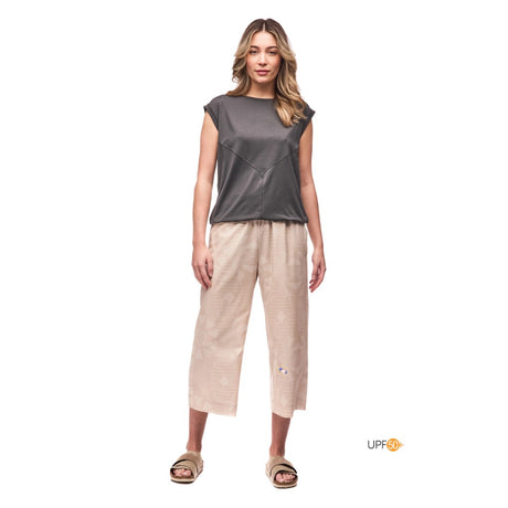 Front on-model view of Indyeva Goma Sleeveless Top in Thyme colour