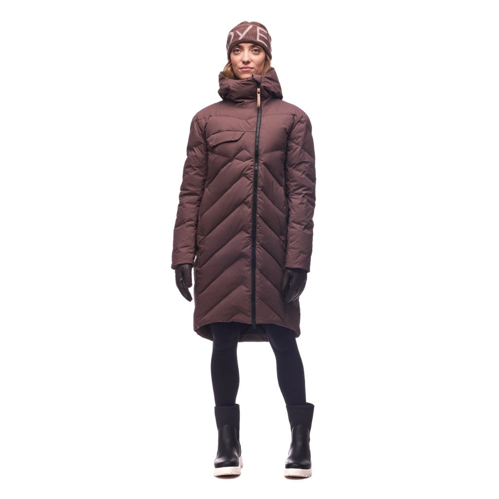 Front on-model view of women's Indyeva Leggero II down jacket in 'hickory' colour