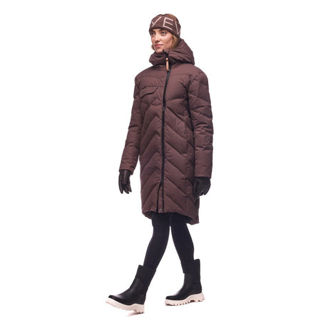 Side on-model view of women's Indyeva Leggero II down jacket in 'hickory' colour