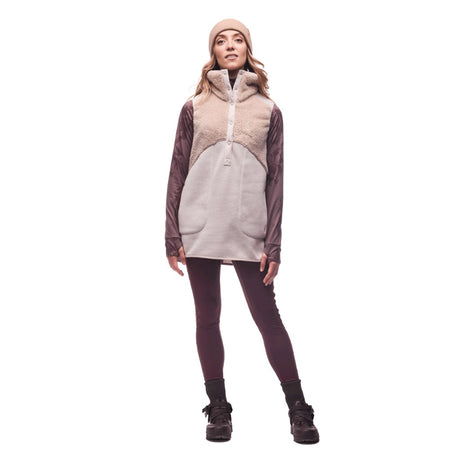 Front on-model view of women's Indyeva Mezcla II sleeveless tunic in 'ponce' (sand) colour