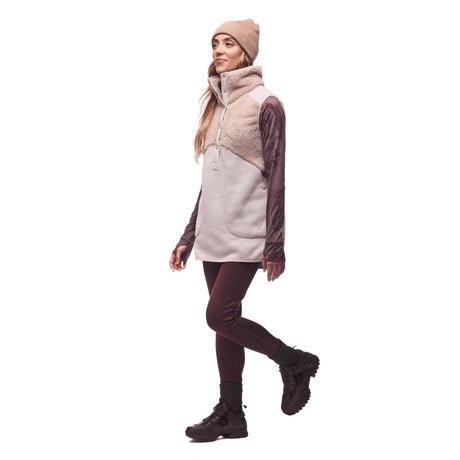 Side on-model view of women's Indyeva Mezcla II sleeveless tunic in 'ponce' (sand) colour