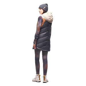 Back on-model view of Indyeva Selimut full zip down vest in storm sky/feline cb colour