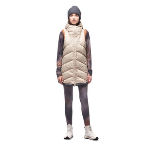 Front on-model view of Indyeva Selimut full zip down vest in storm sky/feline cb colour reversed