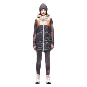 Front on-model view of Indyeva Selimut full zip down vest in storm sky/feline cb colour