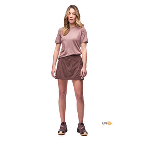 Front on-model view of Indyeva Ulendo V skort in rosewood colour