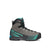 Side view of women's scarpa ribelle hd mountaineering boot in titanium aqua colour