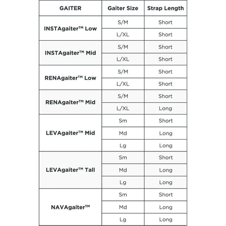 Kahtoola gaiter strap length size chart