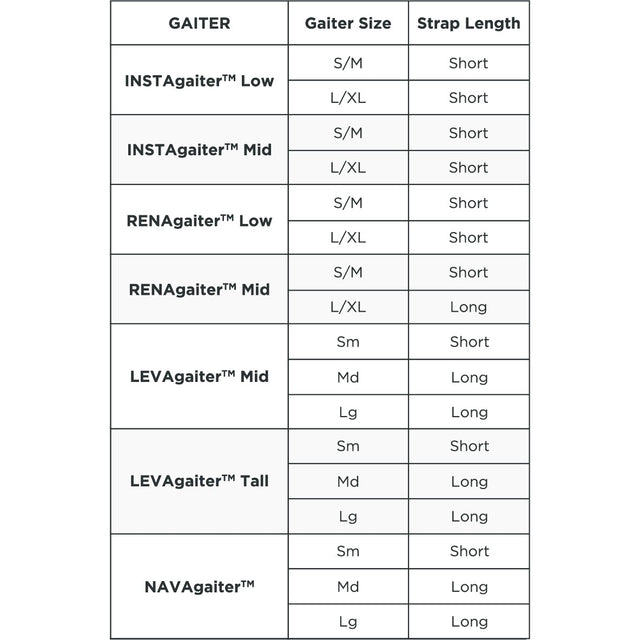 Kahtoola gaiter strap length size chart
