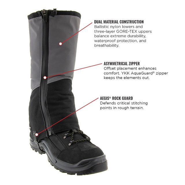 Front view of kahtoola NAVAgaiter gore-text gaiter with text callout text