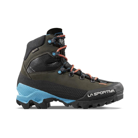Side view of women's black/blue La Sportiva Aequilibrium LT GTX hiking boot