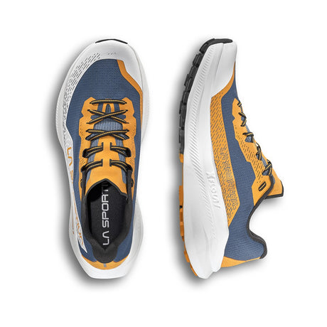 Top & side view of men's rust/blue La Sportiva Prodigio 2 running shoes
