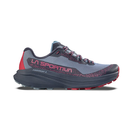 Side view of women's gray-blue/red-pink La Sportiva Prodigio running shoe